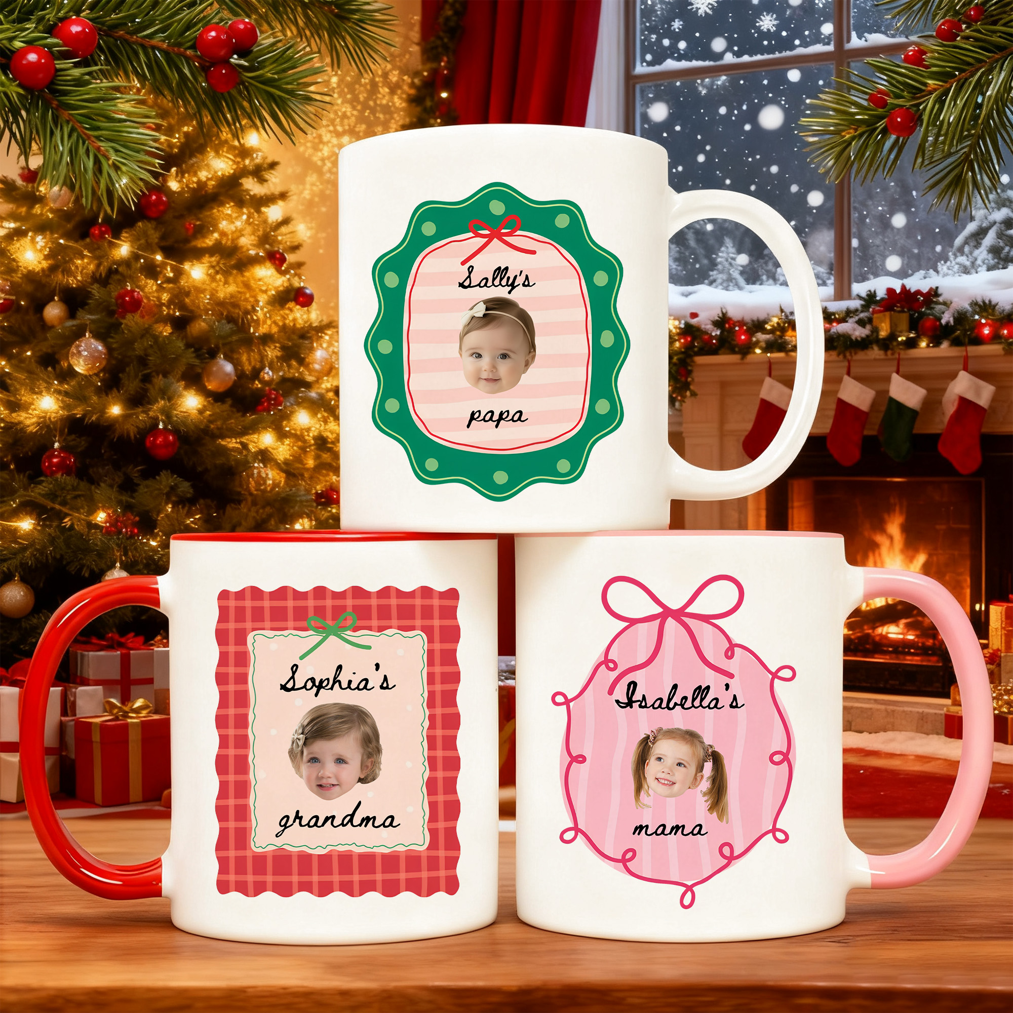 Tasse en céramique personnalisée avec photo de visage de bébé, élément de Noël, bordure multicolore et nom Cadeau de Noël pour la famille et les enfants