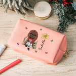 Personalized Multicolour Birth Flower Cartoon Character PU Leather Makeup Bag with Name and Zipper Travel Essentials Birthday Gift for Women