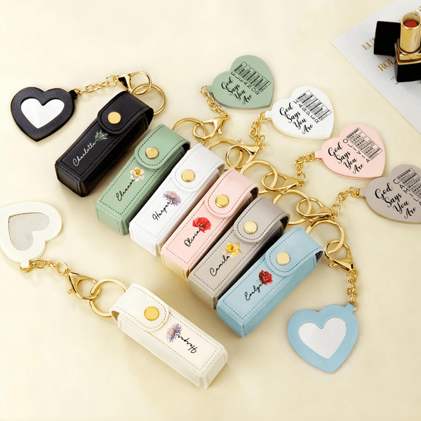 Personalized Birth Flower PU Leather Lipstick Case Keychain with Name and Heart-Shaped Mirror Makeup Essentials Birthday Anniversary Gift for Women