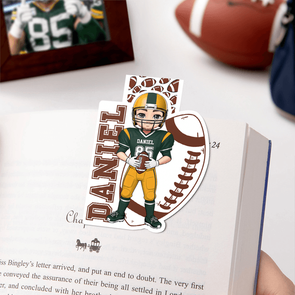 Personalized Football Cartoon Character Irregular Magnetic Bookmark Clip with Name and Number Birthday Christmas Gift for Football Lovers Bookworms