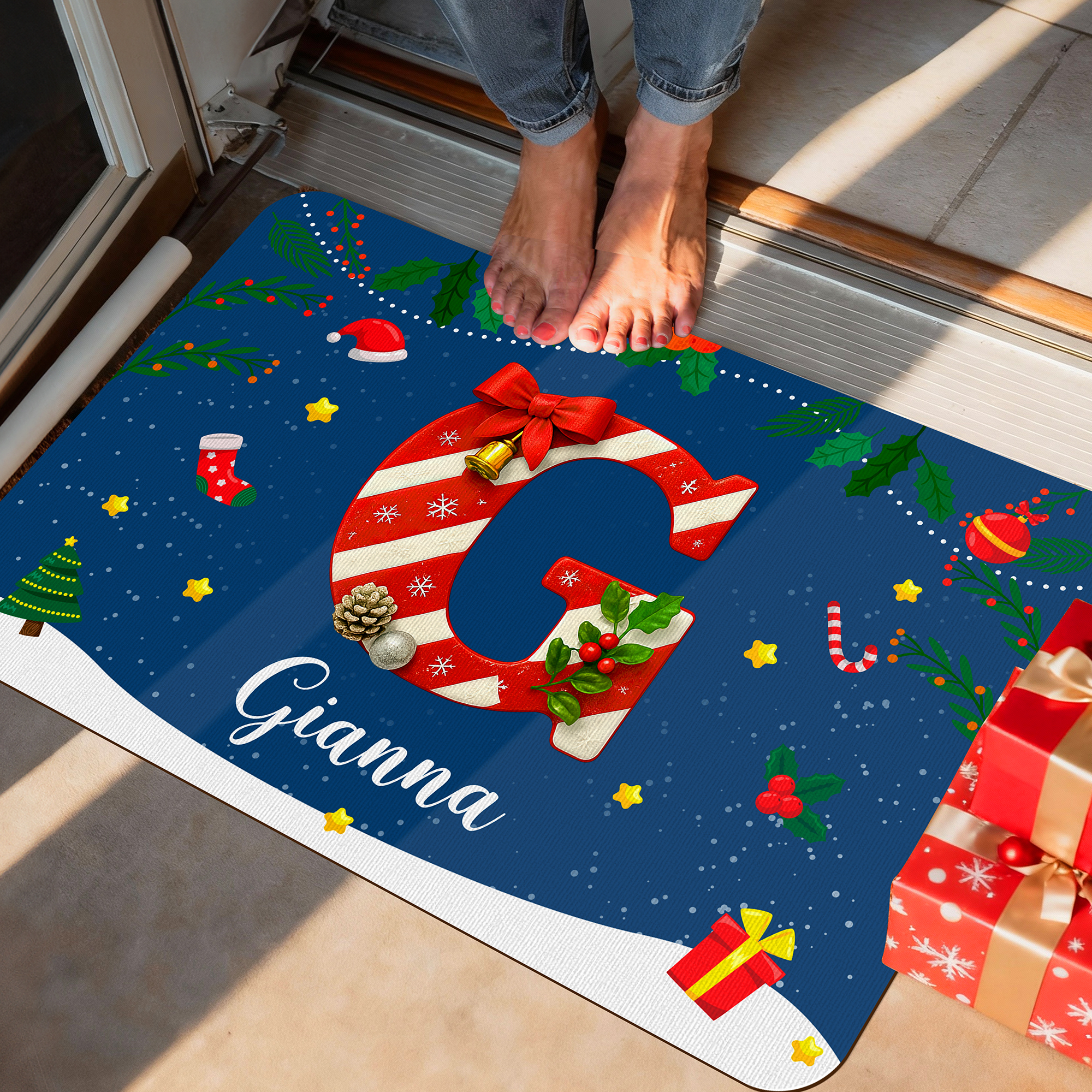 Personalised Christmas Sweets Cane Initial Doormat With Text Home Decor personalised-christmas-sweets-cane-initial-doormat-with-text-home-decor