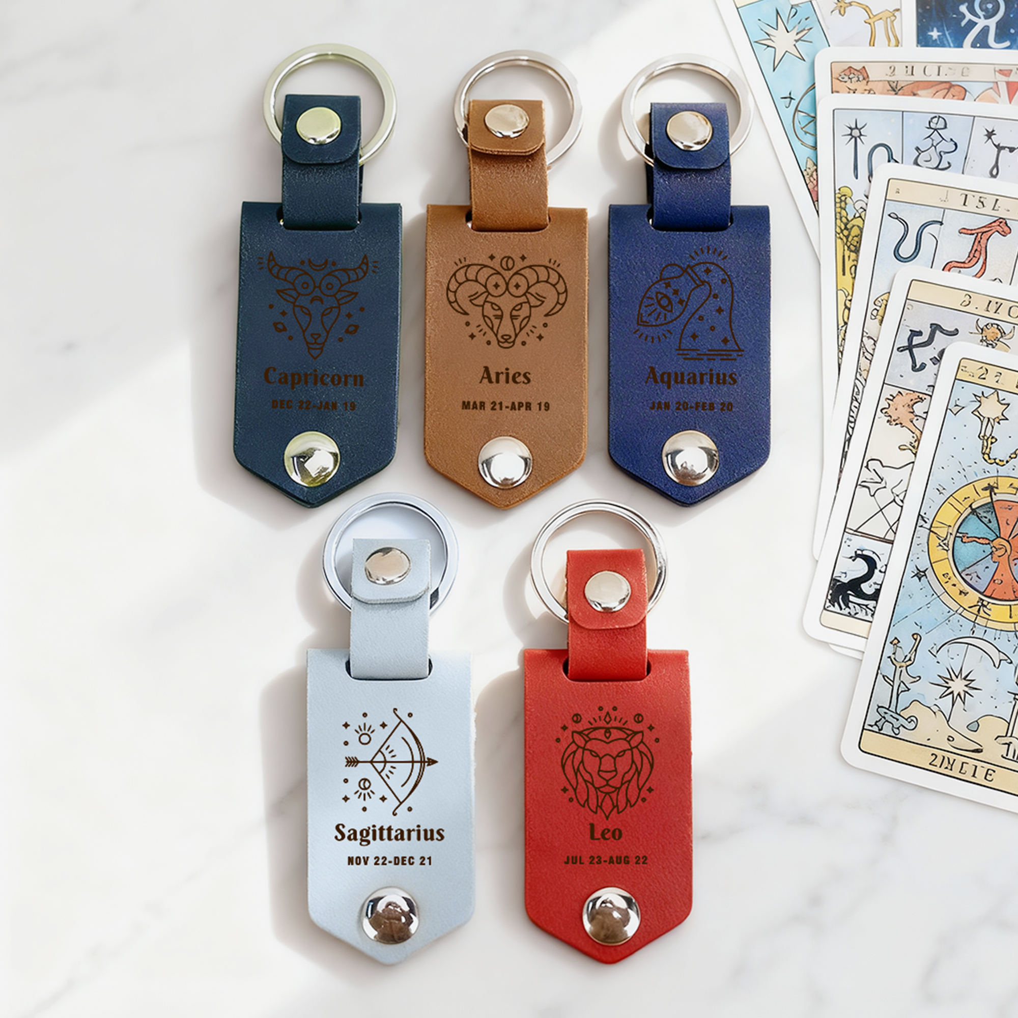 Porte-clés personnalisé en cuir PU avec photo du signe du zodiaque et texte gravé Cadeau d'anniversaire et de Noël pour la famille et les amis
