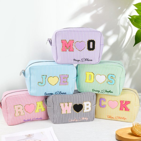 Personalized Heart-Shaped Embroidered Name Striped Makeup Bag Daily Travel Use Wedding Party Birthday Gift for Women Bridesmaids