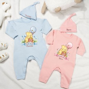 Personalized Classic Winnie the Pooh 100% Cotton Long-Sleeve Baby Romper Hat Set with Name Baby Shower Christmas Gift for Newborns