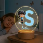 Luz nocturna LED personalizada de personaje de fútbol 3D con inicial de nombre y base de madera regalo de cumpleaños para niños y niñas