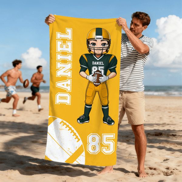 Personalized Cartoon Football Player Quick Dry Oversized Beach Towel with Name and Number Summer Travel Essential Gift for Football Sports Lovers