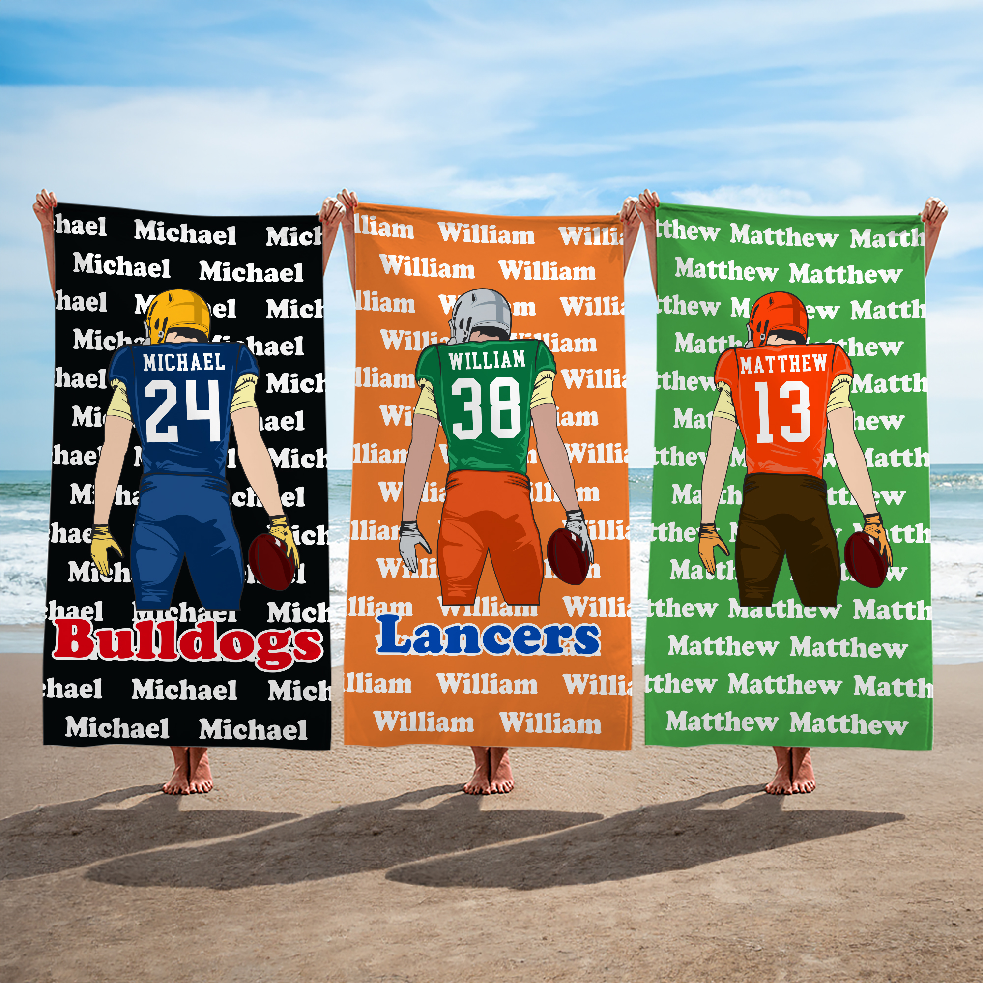 Serviette de plage surdimensionnée personnalisée avec nom Joueur de football, personnage de dessin animé, séchage rapide Cadeau essentiel de voyage pour les amoureux du football et du sport