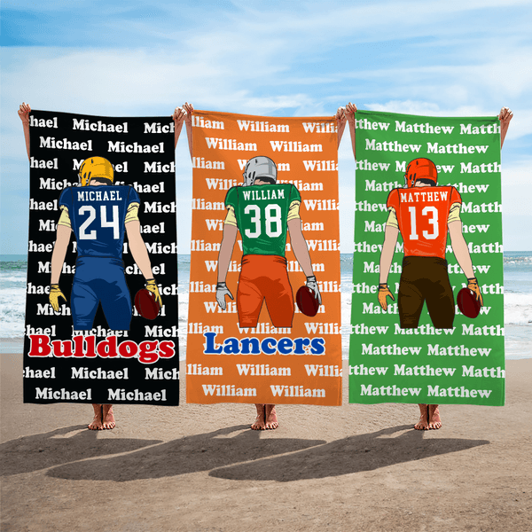 Toalla de playa de gran tamaño y secado rápido personalizada con el nombre de un jugador de fútbol de dibujos animados Regalo esencial para los amantes de los deportes de verano