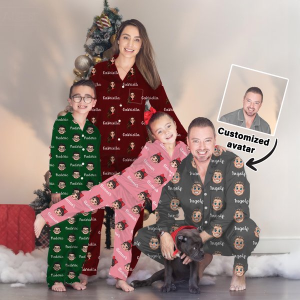 Personalised Cartoon Portrait Multicolour Soft Long Sleeve Pyjama Matching Set with Names Christmas Birthday Gift for Family Kids