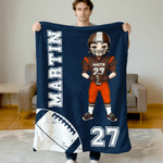 Personalized Football Cartoon Character Soft Throw Blanket with Name and Number Home Decor Birthday Game Day Gift for Football Lovers