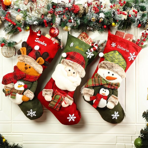 Calcetín navideño personalizado en 3D con nombre muñeco de nieve papá noel y reno decoración para hogar regalo de Navidad para familia y amigos