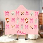 Personalised Softball Baseball Bow Multicolour Soft Hooded Blanket with Name Home Decor Birthday Game Day Gift for Girl Sports Lover