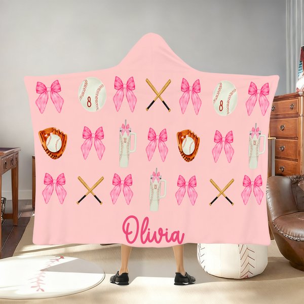 Personalized Softball Baseball Bow Multicolor Soft Hooded Blanket with Name Home Decor Birthday Game Day Gift for Girl Sports Lover