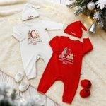 Personalized Santa Hat Teddy Bear Initial 100% Cotton Baby Romper Set with Hat Feet Covers and Gift Box Baby Shower Christmas Gift for Newborns