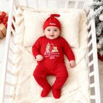 Personalized Santa Hat Teddy Bear Initial 100% Cotton Baby Romper Set with Hat Feet Covers and Gift Box Baby Shower Christmas Gift for Newborns