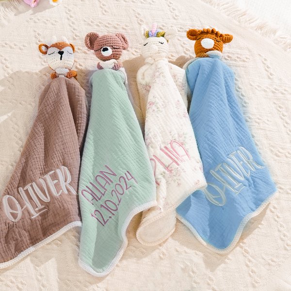Personalised Cute Boy Bear Cow Fantasy Unicorn Soft Baby Security Blanket with Embroidered Name Birthday Baby Shower Gift for Newborns