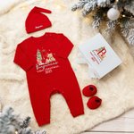 Personalized Santa Hat Teddy Bear Initial 100% Cotton Baby Romper Set with Hat Feet Covers and Gift Box Baby Shower Christmas Gift for Newborns