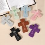 Personalised Birth Flower PU Leather Cross Magnetic Bookmark Clip with Name Reading Supplies First Communion Baptism Gift for Christians Bookworms