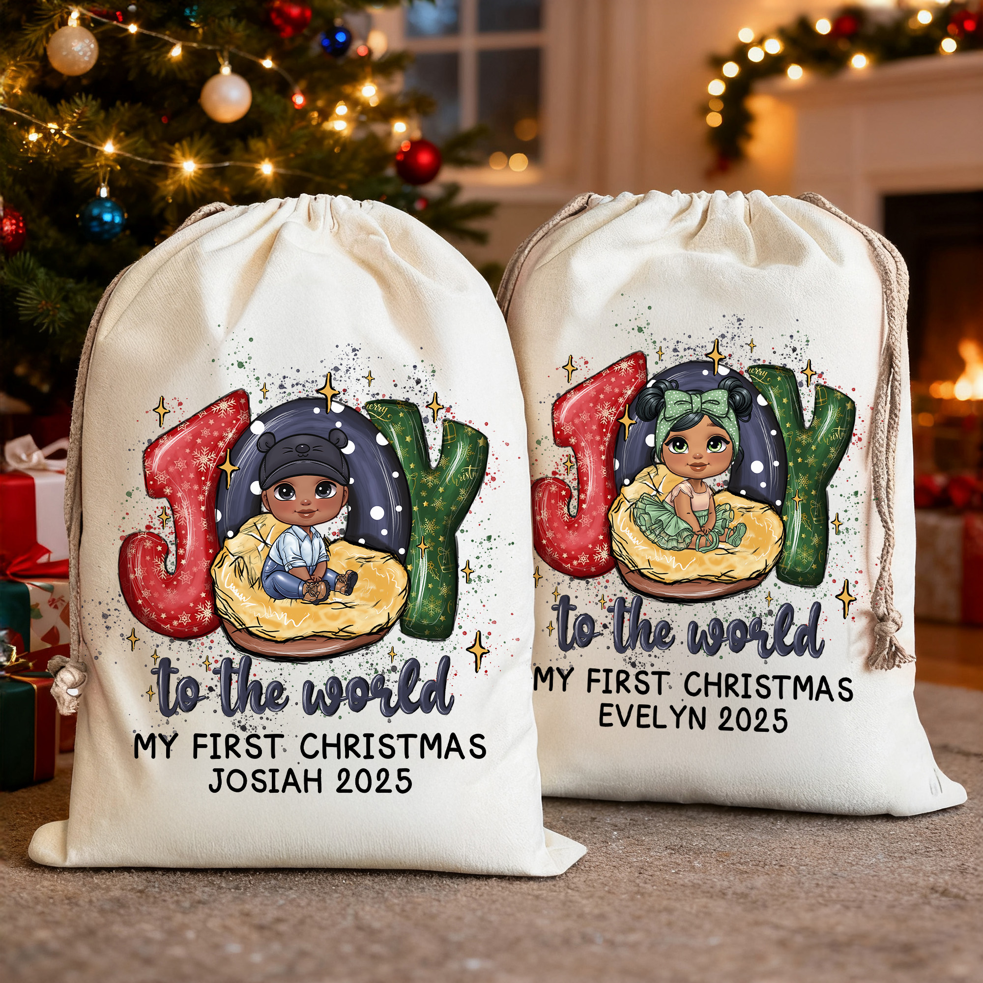 Sac de Noël en toile avec nom et année Cadeau de Noël pour les nouveaux-nés