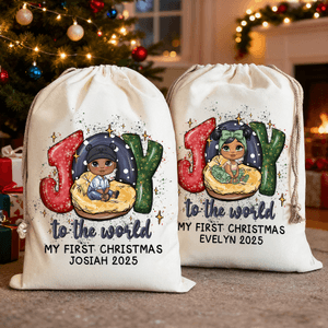 Personalized Joy To The World My First Christmas Canvas Drawstring Gift Bag with Name and Year Christmas Gift for Newborns