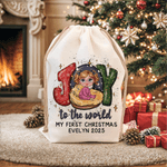 Personalized Joy To The World My First Christmas Canvas Drawstring Gift Bag with Name and Year Christmas Gift for Newborns