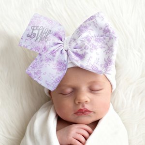 Personalized Toile De Jouy Bow White Hospital Hat with Embroidered Monogram Birthday Baby Shower Gift for Newborns
