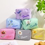 Borsa da trucco personalizzata con nome e fiore di nascita design vintage a righe stile pittura ad olio regalo per donne e damigelle