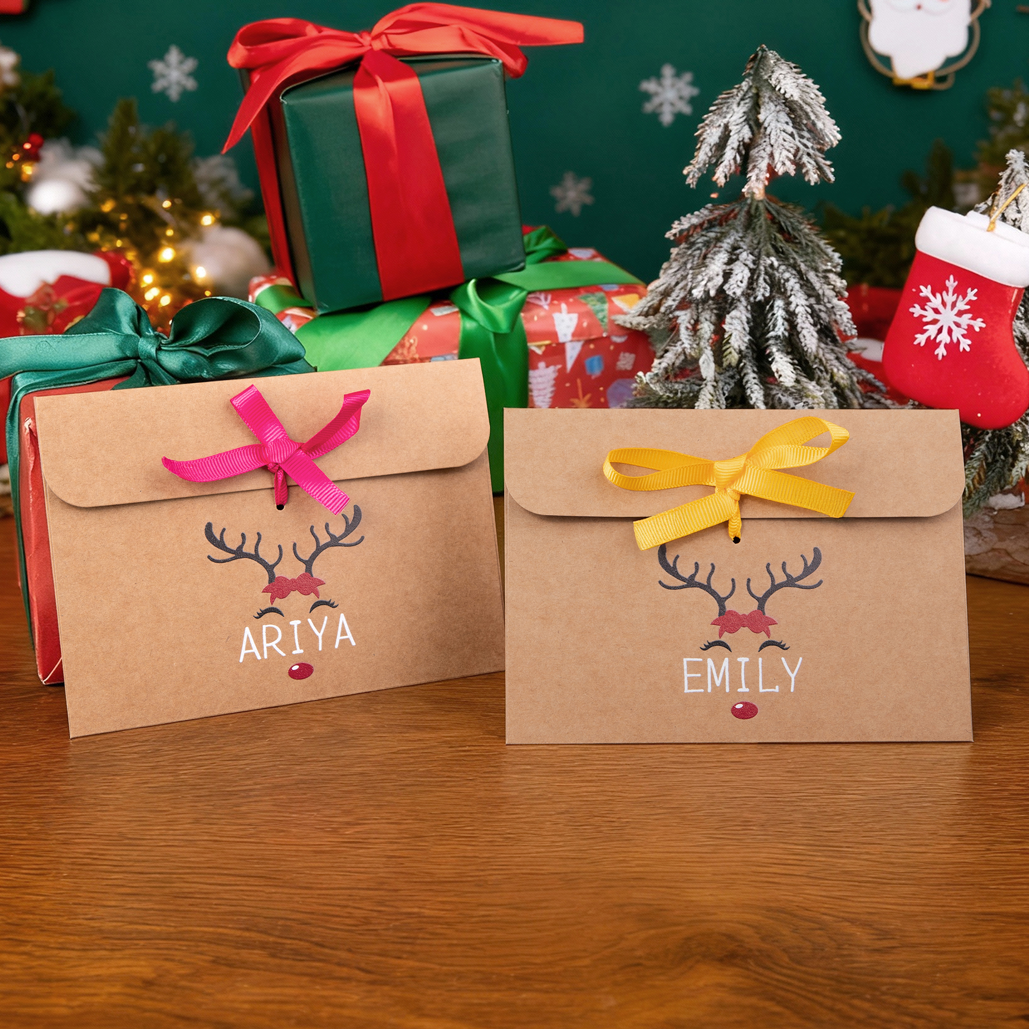 Personalised Multi Colour Ribbon Reindeer Kraft Paper Envelope With personalised-multi-colour-ribbon-reindeer-kraft-paper-envelope-with