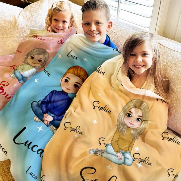 Personalised Cute Cartoon Character Multicolour Star Soft Throw Blanket with Name Home Decor Birthday Christmas Gift for Family Friends Kids