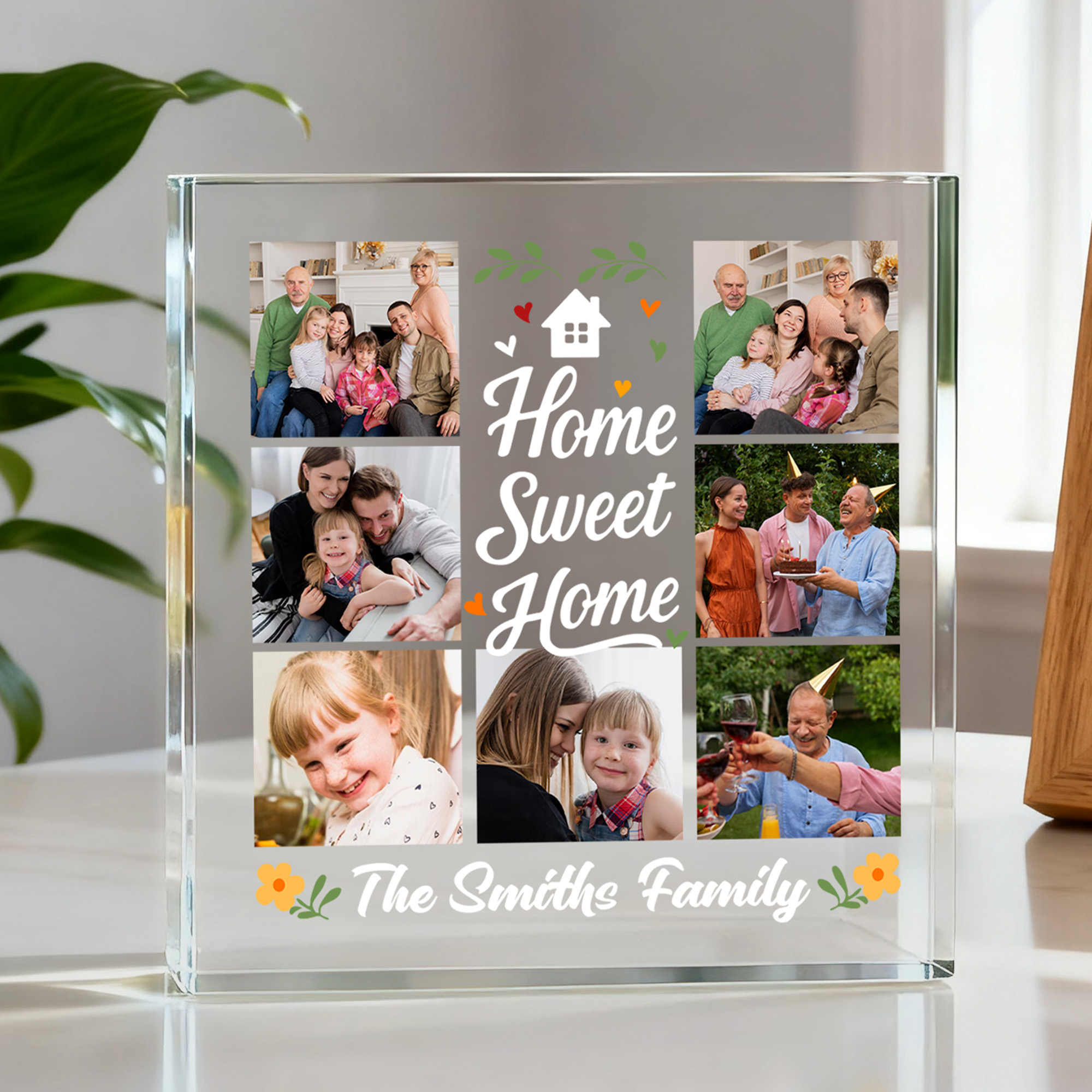 Plaque acrylique carrée personnalisée Home Sweet Home Seven-Grid Photos Décoration de bureau Anniversaire Cadeau de Noël pour la famille