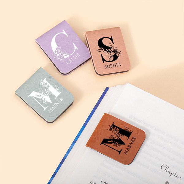 Personalized Floral Initial Name Magnetic Leather Bookmark Clip with Name Reading Stationery Supplies Birthday Gift for Bookworms Book Lovers