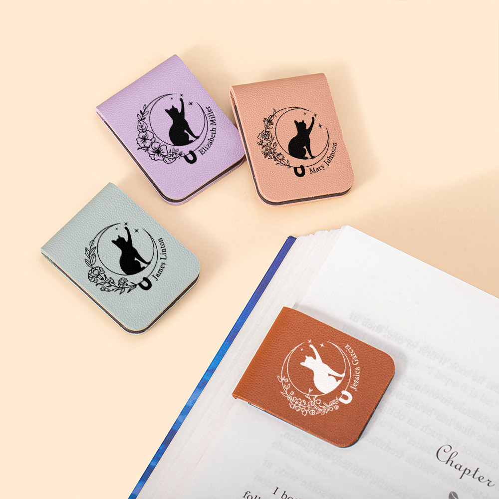 Marque-page magnétique en cuir avec nom pour chat, lune, fleur de naissance, fournitures de papeterie, cadeau d'anniversaire pour les rats de bibliothèque, amoureux des livres