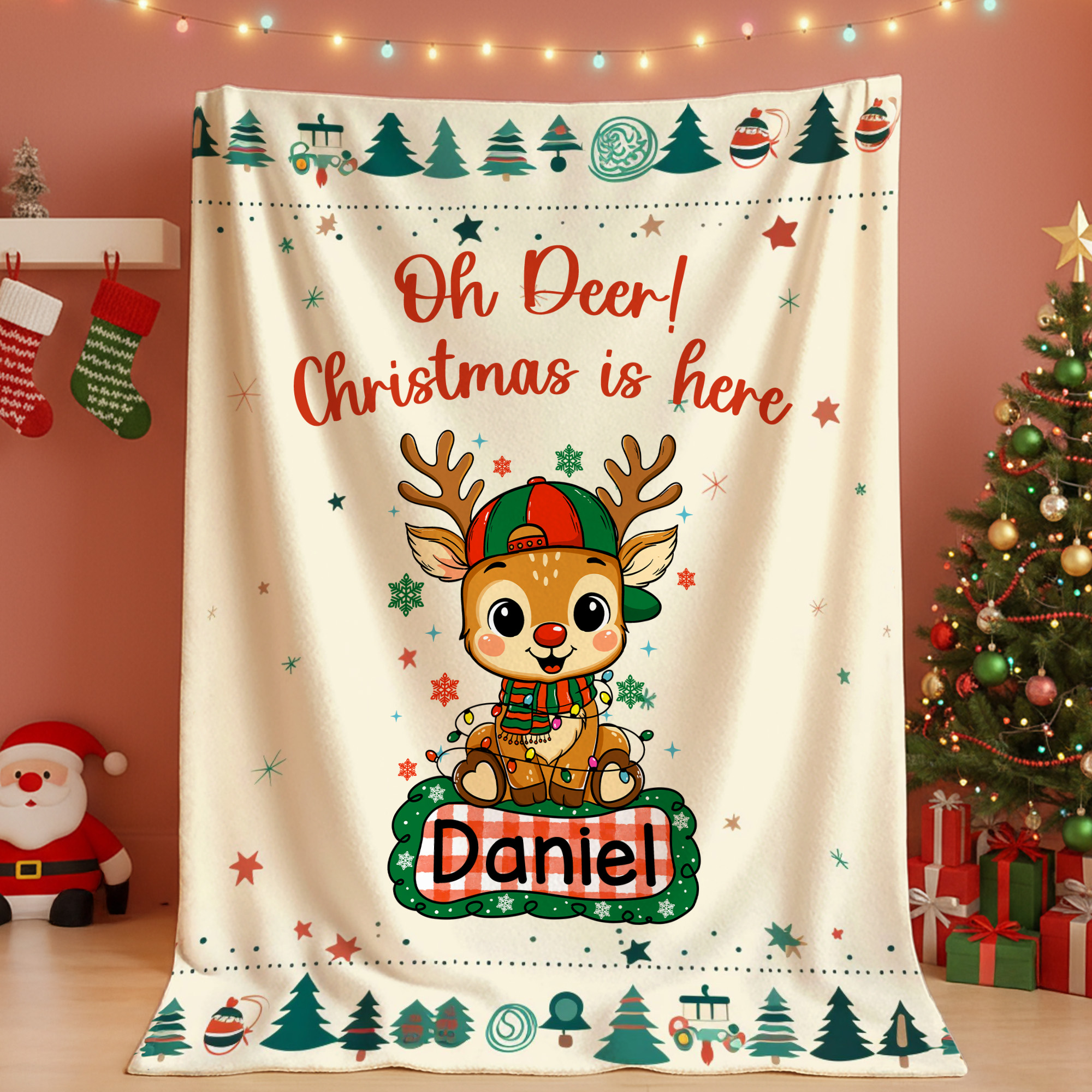 Couverture de Noël personnalisée avec le nom d'un mignon cerf Cadeau de Noël pour les enfants et les amis