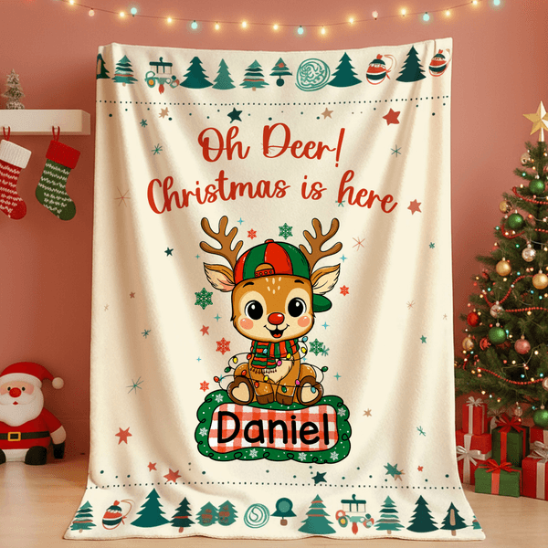 Personalised Christmas Cute Deer Soft Throw Blanket with Name Home Decor Christmas Gift for Kids Friends