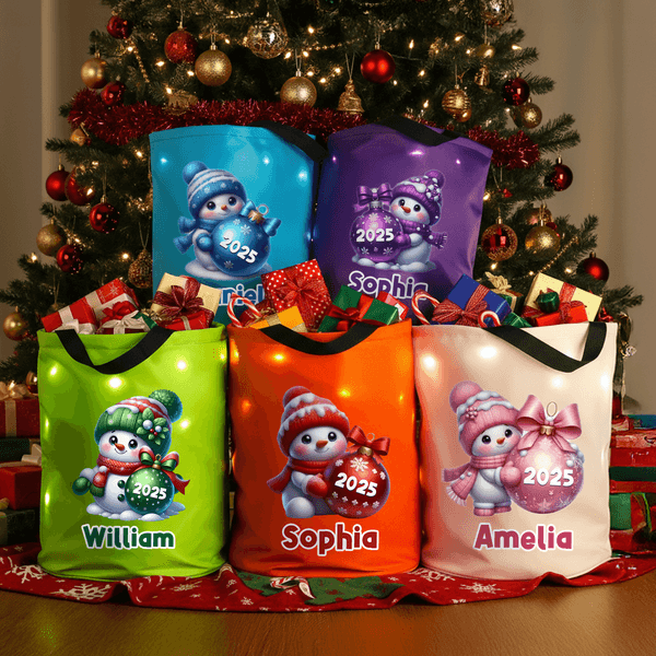 Personalized Cute Cartoon Snowman LED Light Bucket Bag with Name and Year Holiday Storage Decor Christmas Gift for Kids