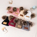 Personalised Two Soft Pom-Poms Beanie Hat with Name Leather Patch Winter Daily Wear Baby Shower Christmas Gift for Baby