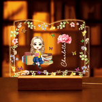 Personalized Cartoon Reading Character Book-Shaped Name LED Night Light with Birth Flower and Wooden Base Home Decor Birthday Gift for Reading Lovers