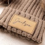 Personalised Two Soft Pom-Poms Beanie Hat with Name Leather Patch Winter Daily Wear Baby Shower Christmas Gift for Baby