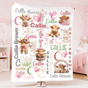 Personalised Highland Cow Initial Soft Throw Blanket with Name Home Decor Christmas Birthday Gift for Family Kids Cow Lovers