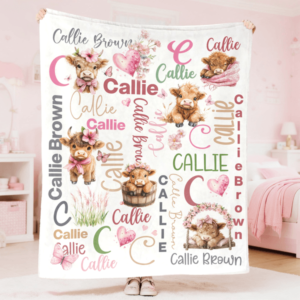 Personalisierte Hochland Kuh Initial weiche Decke mit Namen Home Decor Weihnachten Geburtstag Geschenk für Familie Kinder Kuh-Liebhaber