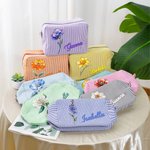 Borsa da trucco personalizzata con nome e fiore di nascita design vintage a righe stile pittura ad olio regalo per donne e damigelle