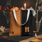 Personalisierte Colorblock beängstigend Spinnennetz Fledermaus wiederverwendbare Canvas Tasche mit anfänglichen Halloween Thema Party Geschenk für Goth Lovers Freunde