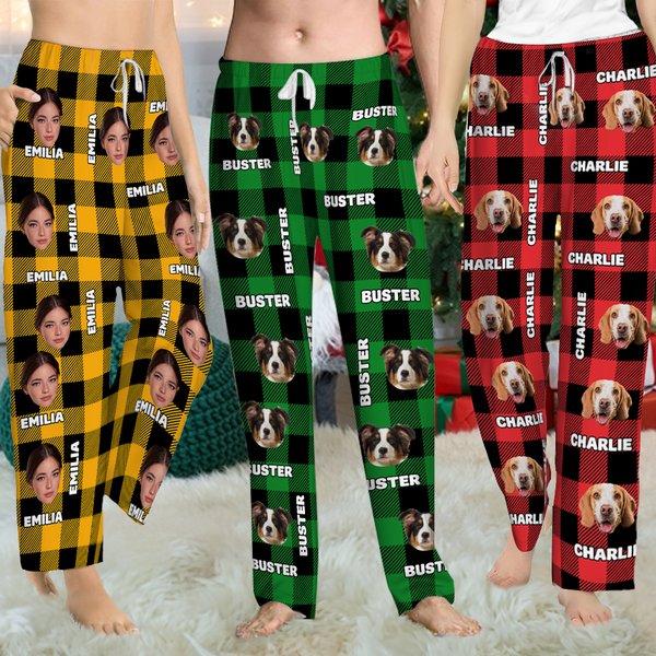 Personalised Plaid Avatar Pet Portrait Pyjama Bottoms with Name and Drawstring Christmas Birthday Gift for Kid Adult Pet Lover