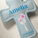 Personalized Birth Flower Cross Shape PU Leather Magnetic Bookmark Clip with Name and Date Bible Study Birthday Gift for Bookworms Christians