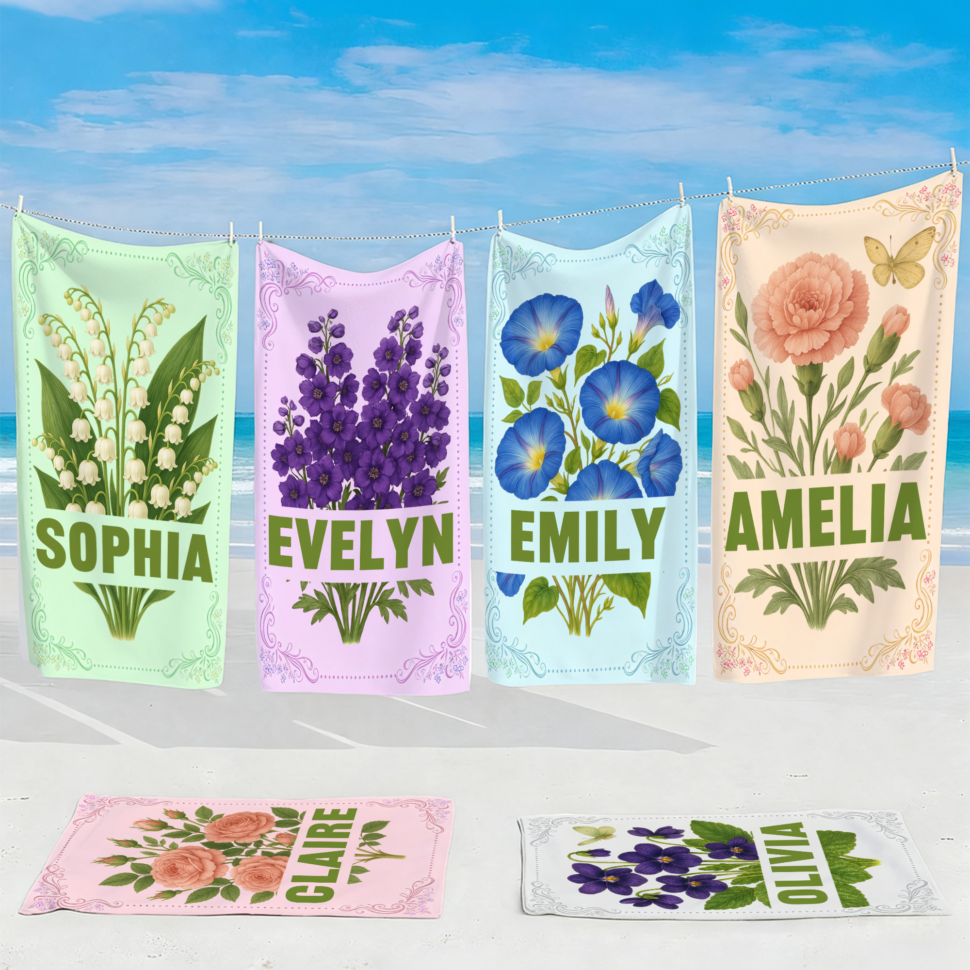 Serviette de plage en microfibre surdimensionnée à séchage rapide avec nom et fleur de naissance personnalisée Cadeau d'anniversaire pour la famille