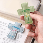 Personalized Birth Flower Cross Shape PU Leather Magnetic Bookmark Clip with Name and Date Bible Study Birthday Gift for Bookworms Christians