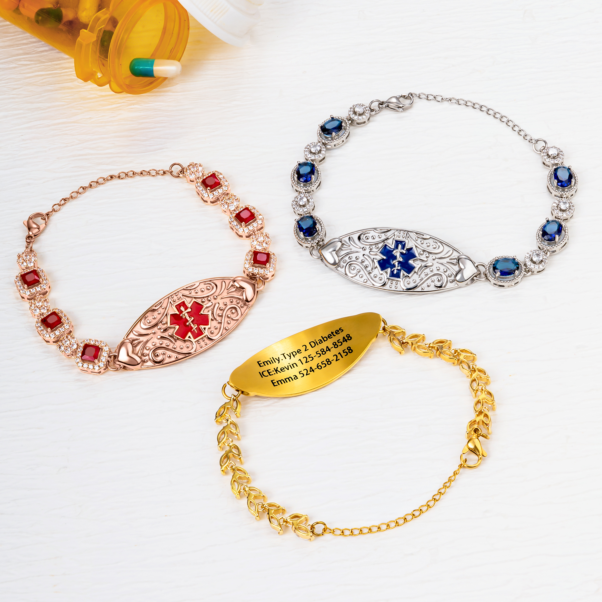Bracelet d'identification médicale personnalisé en zircon avec informations médicales d'urgence gravées Cadeau de premier secours réfléchi pour les femmes diabétiques