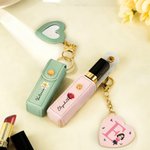 Personalized Cartoon Character Birth Flower Lipstick Case Keychain with Initial Name and Heart-Shaped Mirror Birthday Anniversary Gift for Women