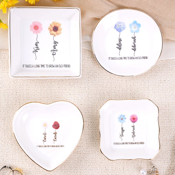 Personalised Birth Flower Friendship Ceramic Ring Dish Jewellery Tray with Name and Text Birthday Wedding Gift for Best Friends Bridesmaids