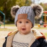 Personalised Two Soft Pom-Poms Beanie Hat with Name Leather Patch Winter Daily Wear Baby Shower Christmas Gift for Baby